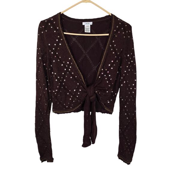 VTG Cache Y2K Shrug Sweater L Brown Gold Sequin Bead Dark Romantic Forest Fairy - Picture 1 of 9
